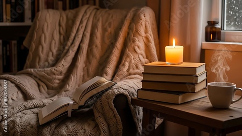 Cozy reading corner with books candle and hot drink near window creates relaxing atmosphere for enjoying leisure time in home interior