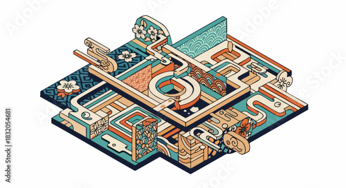Intricate isometric maze with colorful pathways and mechanical elements.
