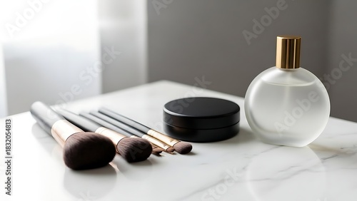 Cosmetic product display of makeup brushes face powder and perfume bottle with gold cap on marble surface against neutral background in studio light