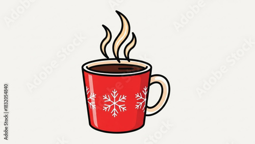 Festive red mug with hot steaming coffee or cocoa, adorned with decorative white snowflakes, perfect for winter holiday and christmas season beverage