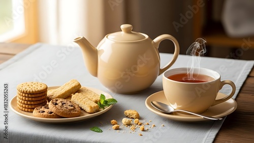 Teapot and Cup With Hot Tea and Cookies on Table for Tea Time, Breakfast, Relaxation, Cafe, Afternoon Beverage and Delicious Baked Food Concepts