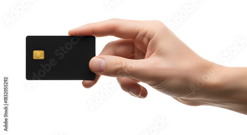 Hand holding black credit card with chip on white background isolated