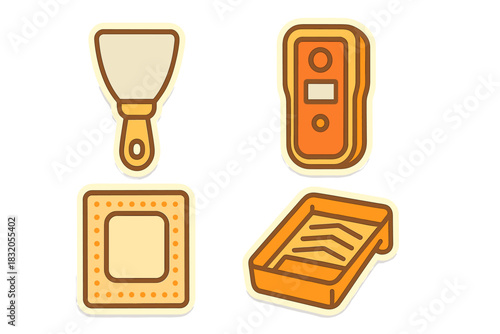 Colorful illustrations of painting tools including a brush, a paint roller, a measuring device, and a paint tray