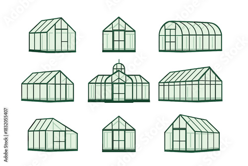 Different styles of greenhouses designed for various gardening needs in an outdoor setting