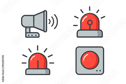 Alert signals with loudspeaker and red light sirens for emergency notifications and warnings