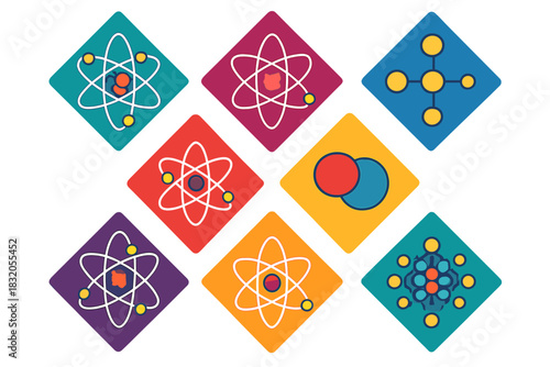 Colorful atomic symbols representing different concepts in science and education, arranged in a creative pattern