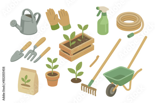 Gardening tools and plants arranged on a white background for home gardening enthusiast