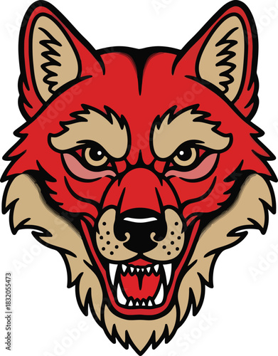 Red Wolf Head with Intense Gaze and Sharp Teeth.