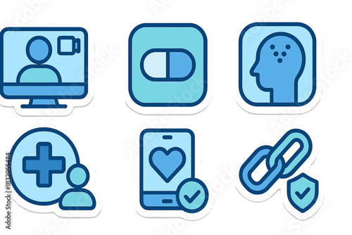 Digital health icons showcasing online consultations, medication management, and patient care