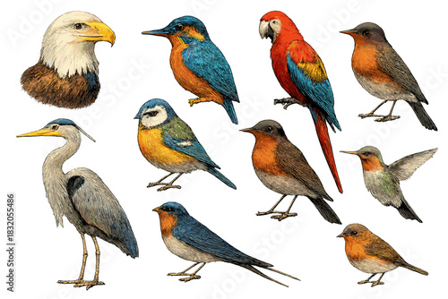 Various colorful birds and an eagle displayed in a detailed illustration capturing their unique features and characteristics