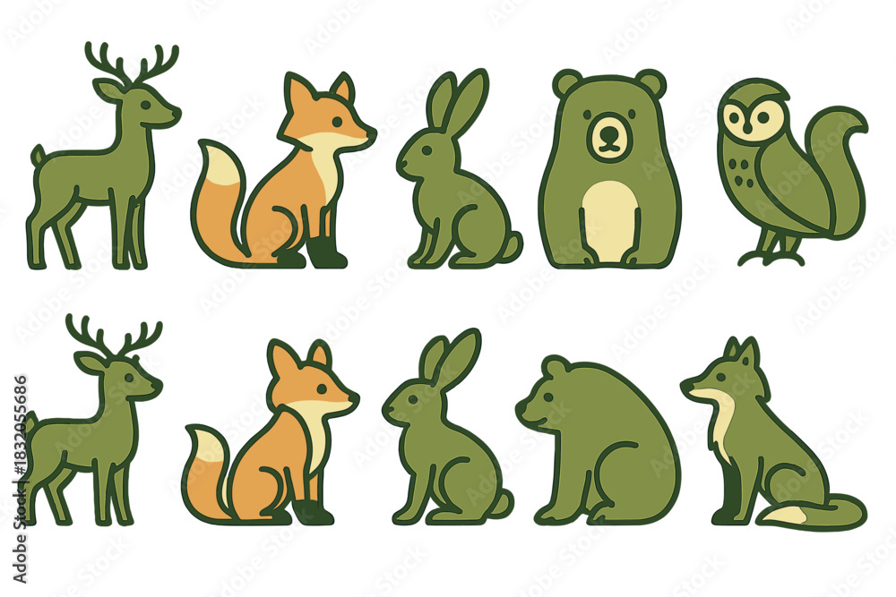 Obraz premium Fun forest animal illustrations with deer, foxes, rabbits, bears, and owls in a playful design for kids
