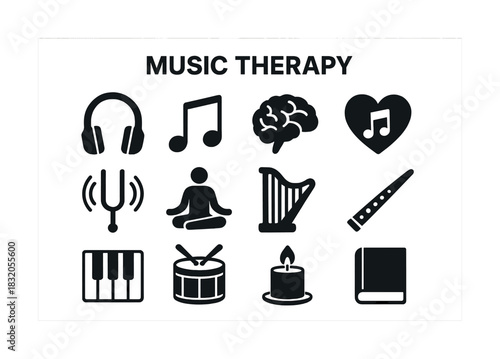 Music therapy symbols: headphones, notes, brain, heart, meditation, harp, flute, piano, drum, candle, book
