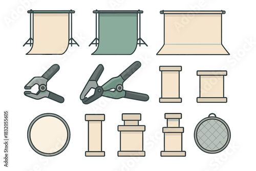 Studio backdrop setup with various colors, clamps, and stands for photography sessions and video recording