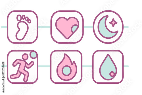 Icons representing wellness activities including exercise, hydration, and relaxation to promote a balanced lifestyle