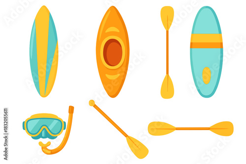 Colorful kayaking and snorkeling gear laid out on a white background ready for summer adventure on the water