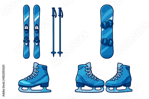 Ski and snowboard gear alongside ice skates in a winter sports theme