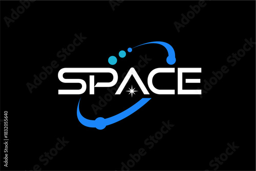Futuristic space typography logo with a blue orbital ring and planets.