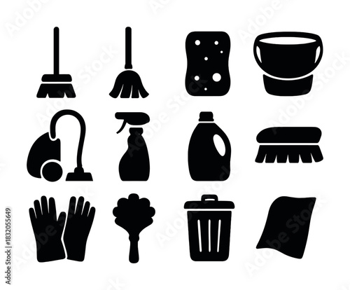 Essential cleaning tools icons: broom, mop, sponge, bucket, vacuum, spray bottle, detergent, brush, gloves, duster, trash bin, cloth
