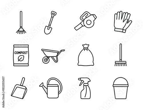 Gardening tools and equipment line icons set for home and garden maintenance