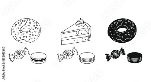 Donut cake candy and macaron illustration vector sweet treats