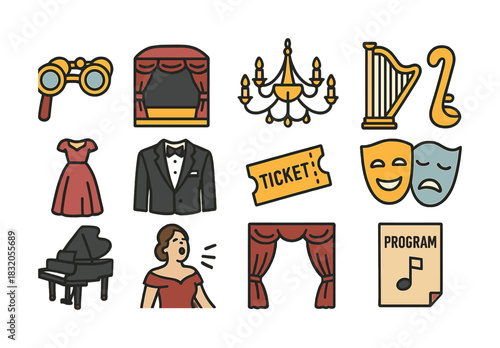 Theater icons: opera attire, instruments, masks, and stage elements
