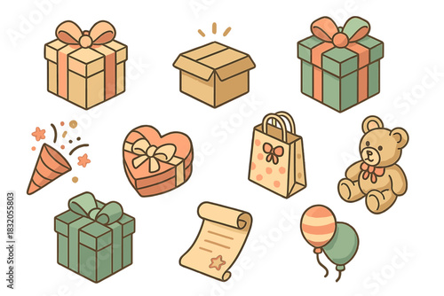 Celebration themed collection of colorful gifts, balloons, and festive items on a white background