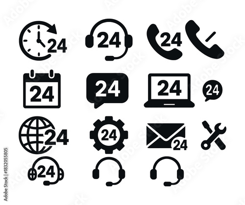 24/7 service icons collection: support, communication, and tools
