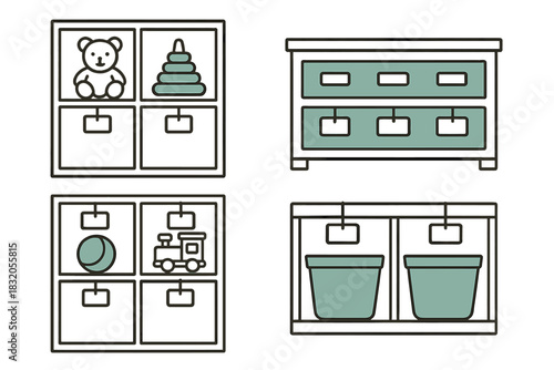 Toy storage ideas for organizing children's playroom with labeled bins and shelves featuring various toys