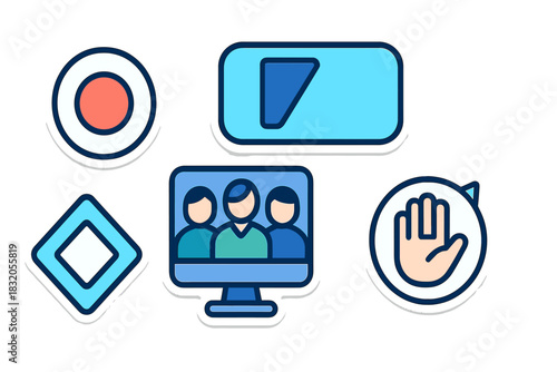 Colorful icons representing online meetings and communication tools for virtual interactions