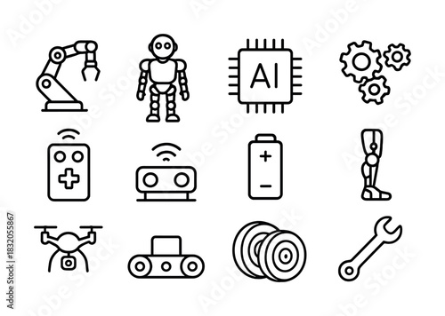 Robotics and ai icons: arm, robot, ai chip, gears, remote, drone, battery, prosthetic, wrench