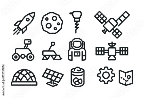 Space exploration icons: rocket, satellite, astronaut, rover, solar panels, dome