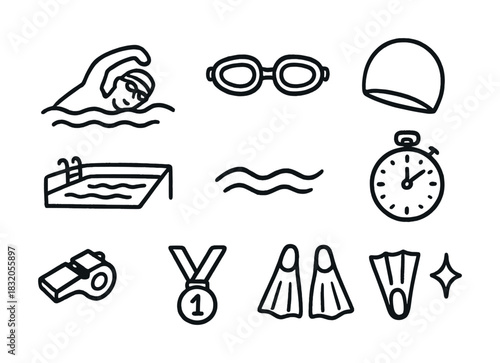 Hand-drawn swimming icons including pool, stopwatch, flippers, goggles, and medal