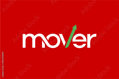 Mover logo with upward arrow on red background, symbolizing progress and growth.