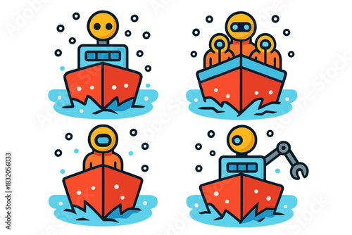 Illustration of boats with various activities, showcasing diversity in watercraft and ocean adventures