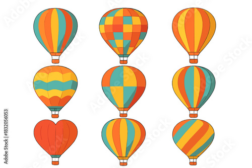 Colorful hot air balloons in various patterns floating in the sky during a sunny day at a festival