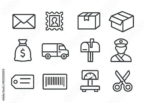 Mailing and delivery icons: envelope, stamp, box, money bag, van, mailbox, postman, tag, barcode, scale, scissors