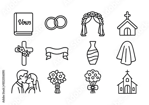 Wedding icon set: rings, chapel, vows, flowers, bride and groom kiss