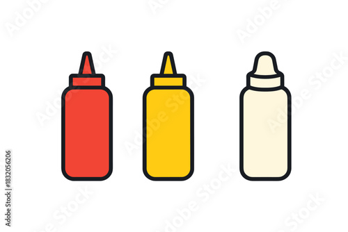 Colorful assortment of condiment bottles arranged in a playful manner on a simple background