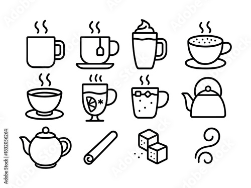 Tea and coffee icon set featuring cups, teapot, sugar cubes, cinnamon stick, steam