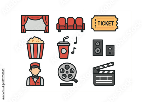 Cinema icons set with snacks, tickets, and theater elements