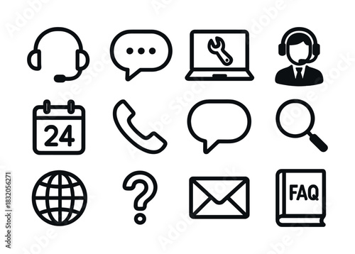Customer service icons collection: support, chat, email, calendar, faq symbols