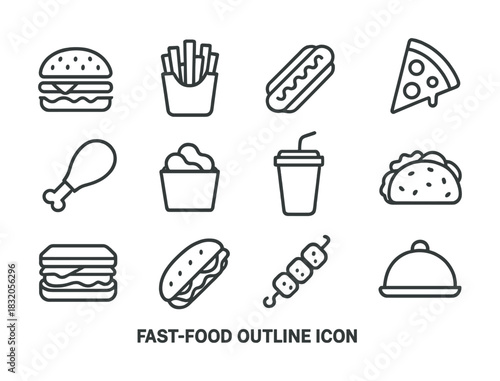 Fast food icons: burger, fries, pizza, hot dog, taco, drink, chicken