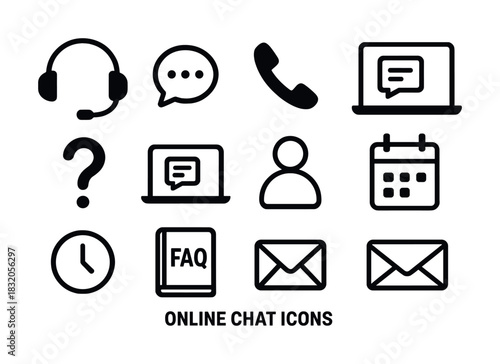 Black online chat icons including laptop, headset, calendar, faq, and email symbols