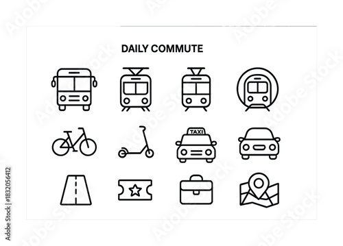 Daily commute icons: bus, train, bicycle, scooter, taxi, car, road, ticket, briefcase, map