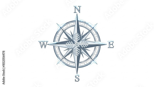 Frozen compass rose illustration with frosty snowflake textures, clearly marking north, south, east, west, symbolizing navigation, direction, and winter.