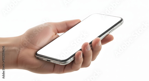 Hand holding smartphone with blank screen for mockup usage online