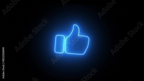 Glowing neon line hand thumbs up icon, facebook like icon. Growing like social media with shiny, glowing neon light, 4k video