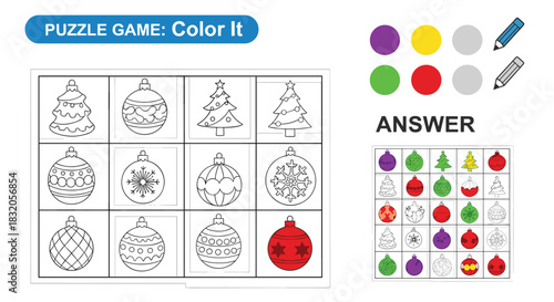 An educational Christmas puzzle game for kids that involves coloring various holiday ornaments according to a provided color key.