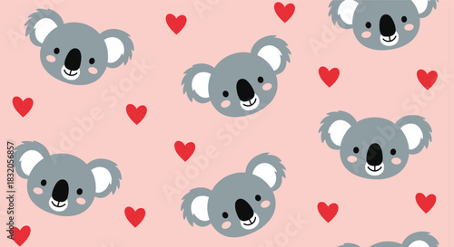 A sweet and adorable seamless pattern background featuring cute cartoon koala faces and small red hearts on a light pink backdrop.