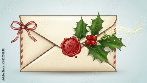 Elegant holiday envelope decorated with traditional christmas elements like holly, red berries, and a snowflake wax seal with a festive bow.
